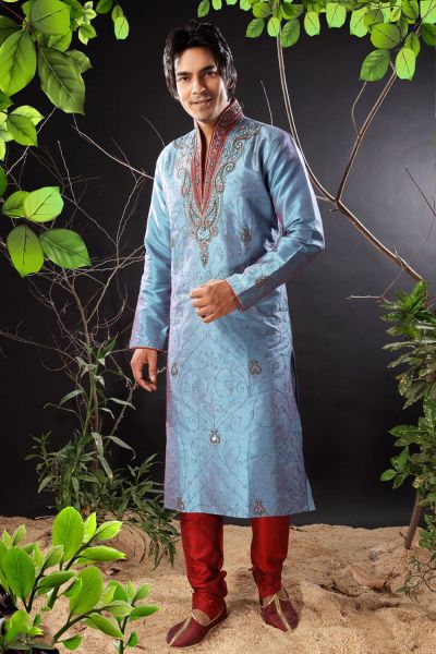 2 Toned Blue Art Dupion Designer Kurta (NMK-1147)