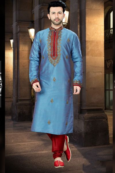 2 Toned Blue Art Dupion Designer Kurta Pajama (NMK-3774)