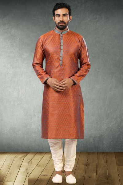 2 Toned Brown,Blue Silk Brocade Kurta Pajama (NMK-5170)