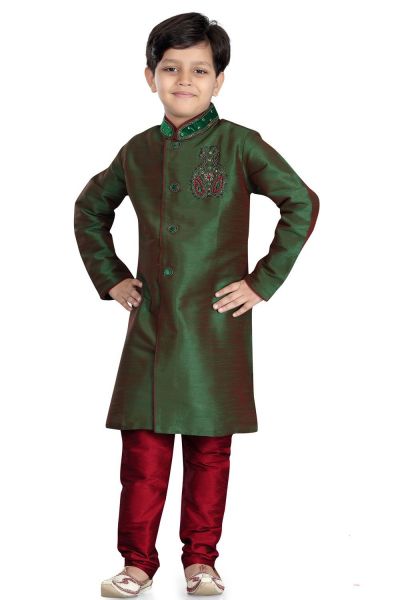 2 Toned Green Art Dupion Boys Sherwani (NKK-491)