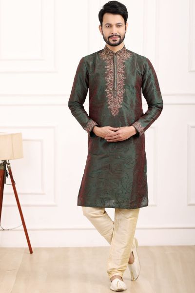 2 toned Green Maroon Art Banarasi Silk Mens Kurta (NMK-7018)