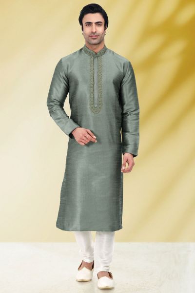 Art Banarasi Silk Grey Mens Kurta Pajama (NMK-6553)