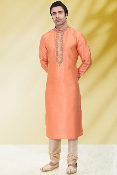 Art Banarasi Silk Peach Kurta Pajama for Men (NMK-6548)