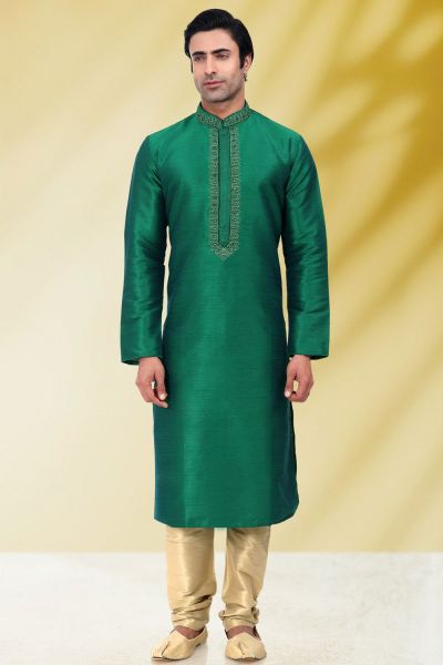 Art Banarasi Silk Rama Green Kurta Pajama (NMK-6546)