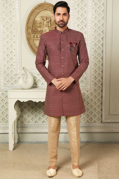 Art Embroidered Silk Maroon Indo Western for Men (NMK-6522)