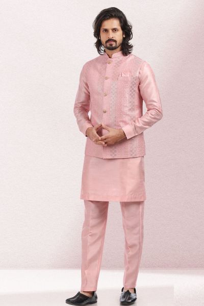 Art Silk Embroidered Nehru Jacket in Pink (NMK-6580)