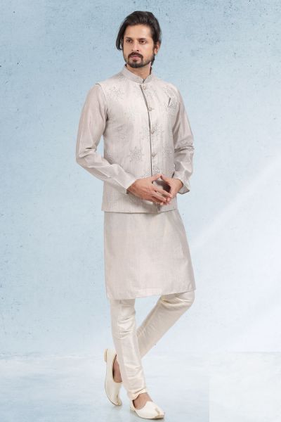 Art Silk Grey Embroidered Mens Nehru Jacket (NMK-6473)