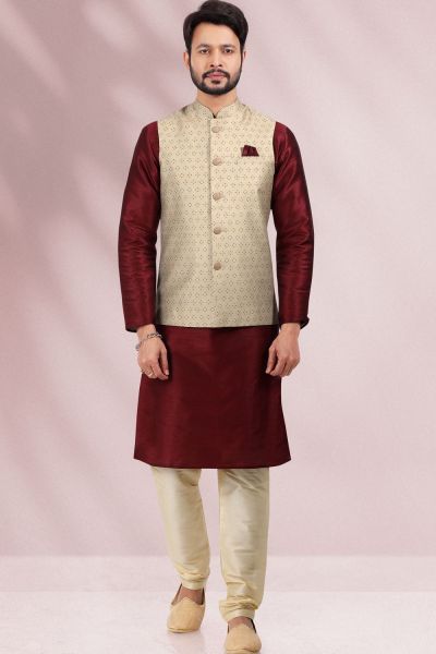 Banarasi Silk Beige Mens Nehru Jacket (NMK-6458)