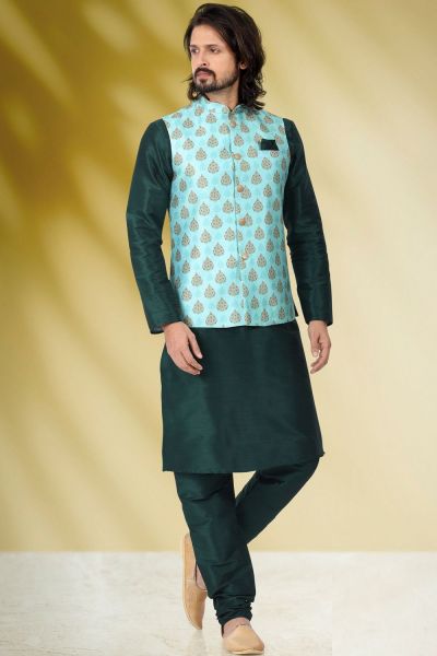 Banarasi Silk Nehru Jacket for Men in Green (NMK-6453)