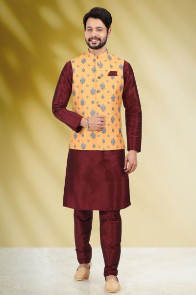 Banarasi Silk Yellow Nehru Jacket for Men (NMK-6451)