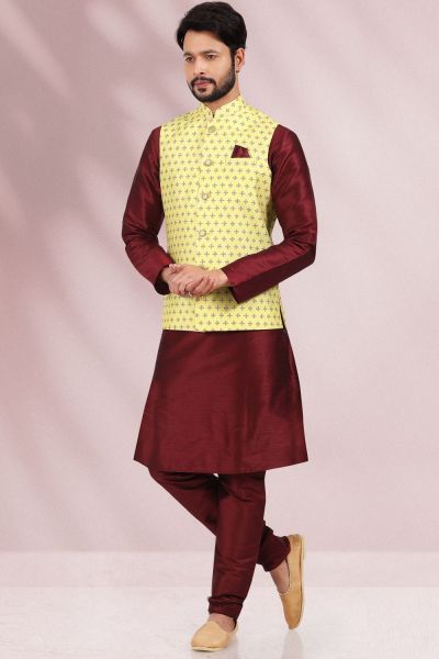 Banarasi Silk Yellow Nehru Jacket for Men (NMK-6456)