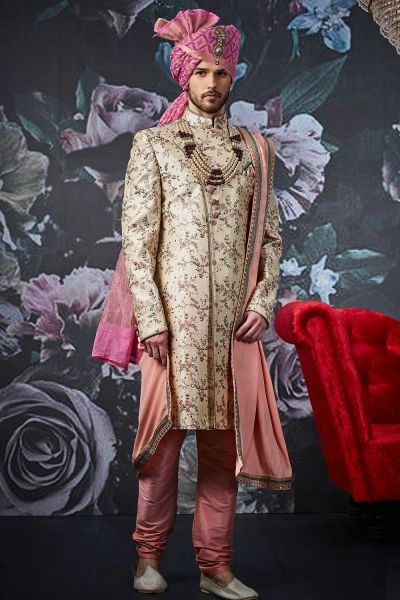 Beige Art Banarasi Silk Mens Sherwani (NMK-4531)