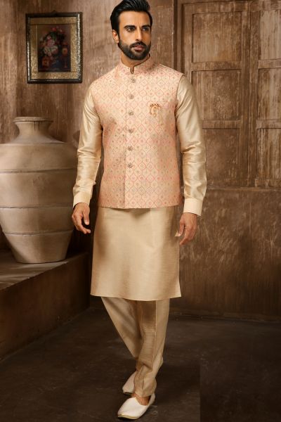 Beige Art Banarasi Silk Nehru Jacket (NMK-6370)