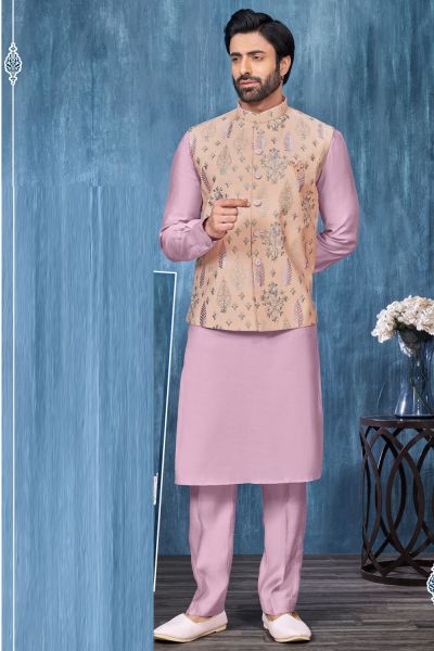 Beige Art Banarasi Silk Nehru Jacket (NMK-7443)