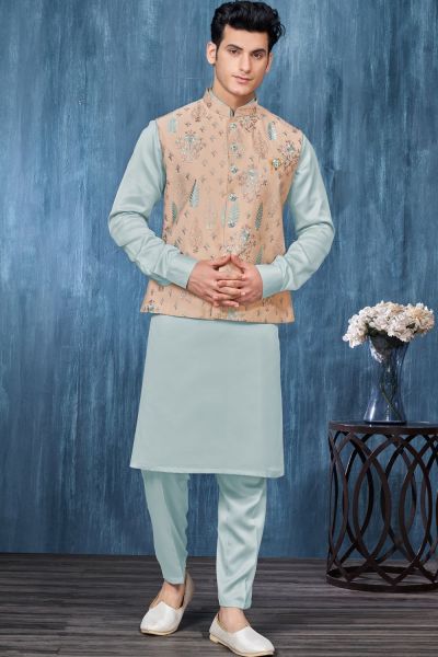 Beige Art Banarasi Silk Nehru Jacket (NMK-7444)