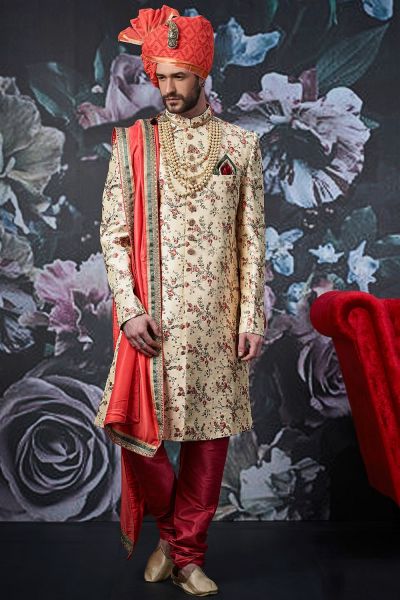 Beige Art Banarasi Silk Sherwani (NMK-4533)