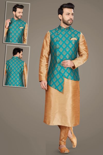 Beige Art Silk, Blue Jaquard Nehru Jacket (NMK-5137)