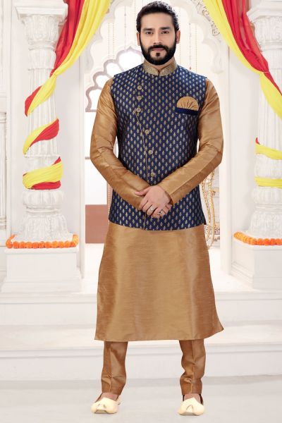 Beige Art Silk Jacket Style Kurta (NMK-4273)