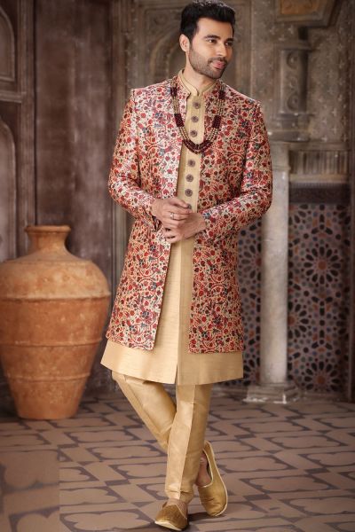 Beige Art Silk Mens Indo Western (NMK-6850)