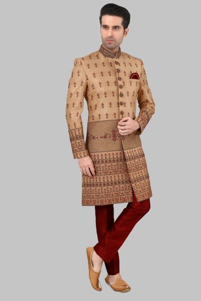 Beige Art Silk Mens Sherwani (NMK-5231)