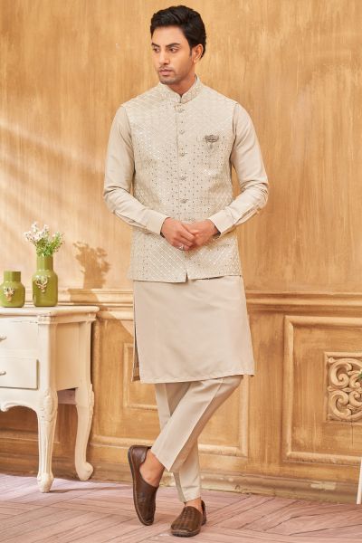 Beige Art Silk Nehru Jacket (NMK-8050)