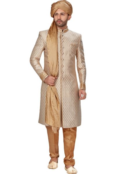 Beige Banarasi Jaquard Mens Sherwani (NMK-4972)