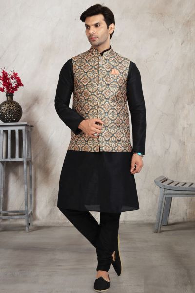 Beige Banarasi Silk Mens Nehru Jacket (NMK-5688)