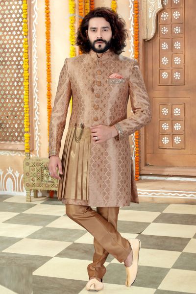 Beige Banarasi Silk Sherwani (NMK-4328)