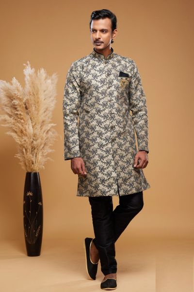 Beige Black Banarasi Jaquard Indo Western (NMK-7036)