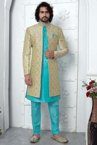 Beige Blue Jaquard Silk Indo Western (NMK-7184)