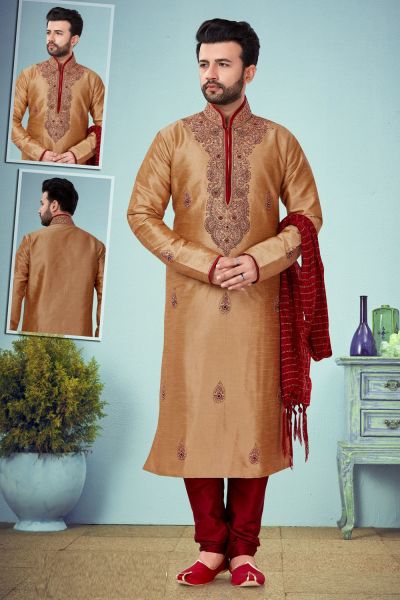 Beige Dupion Silk Kurta Pajama (NMK-4844)