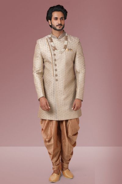 Beige Embroidered Banarasi Silk Sherwani (NMK-5527)