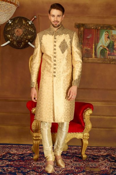 Beige Jaquard Silk Brocade Sherwani (NMK-3902)