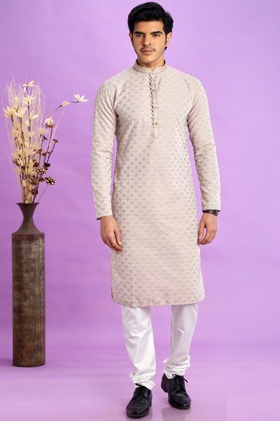 Beige Jaquard Silk Kurta Pajama (NMK-7571)