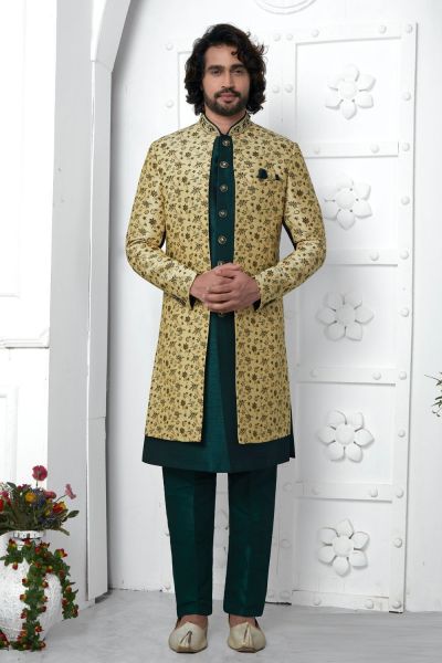 Beige Jaquard Silk Mens Indo Western (NMK-7186)