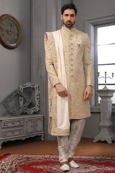 Beige Lucknowi Embroidered Mens Sherwani (NMK-5556)