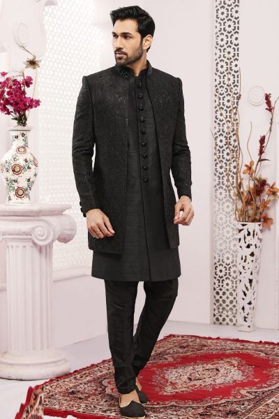 Black Art Banarasi Silk Mens Indo Western (NMK-5592)