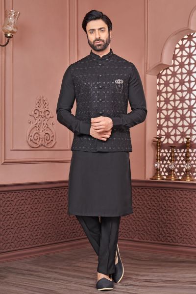 Black Art Banarasi Silk Nehru Jacket (NMK-7448)