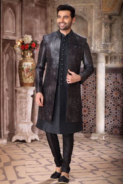 Black Art Silk Mens Indo Western (NMK-6844)