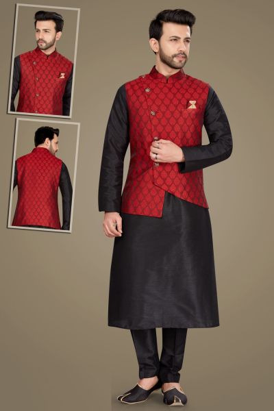 Black Art Silk Mens Nehru Jacket (NMK-5133)