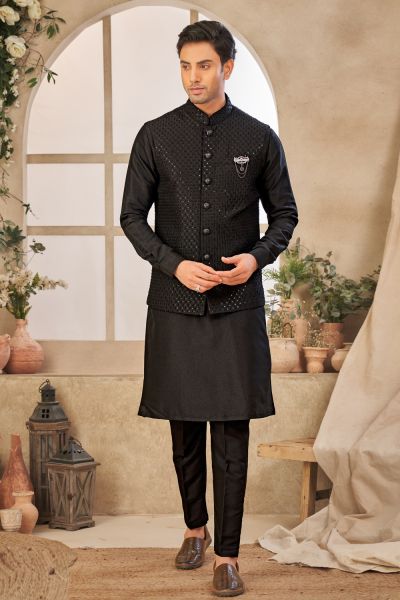 Black Art Silk Nehru Jacket (NMK-7992)