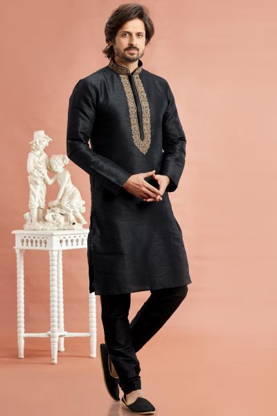 Black Banarasi Art Silk Kurta for Men (NMK-7942)