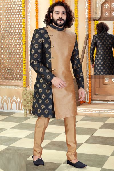 Black, Beige Jaquard, Art Silk Indo Western (NMK-4307)