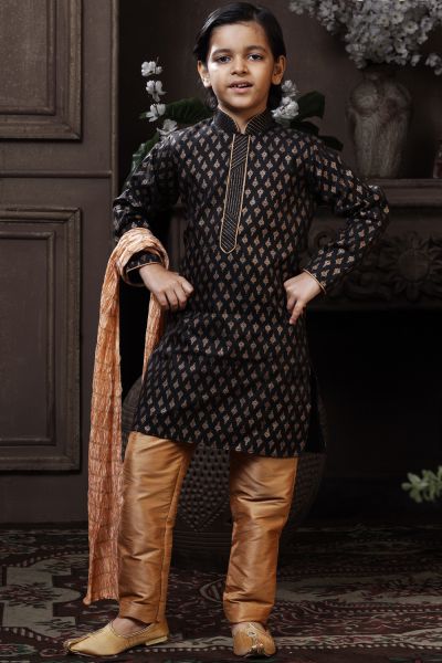 Black Cotton Printed Boys Kurta Pajama (NKK-758)