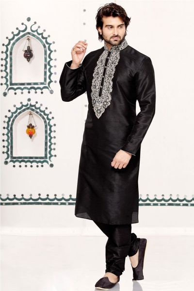 Black Dupion Art Silk Casual Kurta Pajama (NMK-3036)