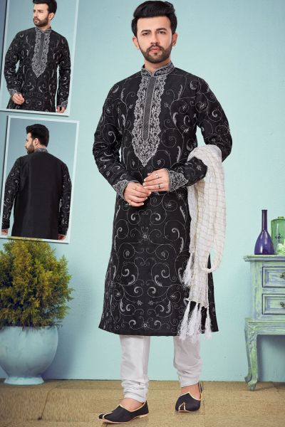 Black Dupion Silk Kurta Pajama for Men (NMK-4838)