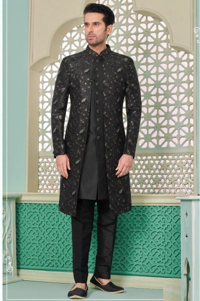 Black Embroidered Art Silk Indo Western for Men (NMK-7654)