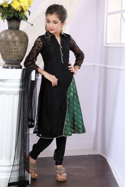 Black, Green Net, Brocade Girls Anarkali Dress (NFG-175)