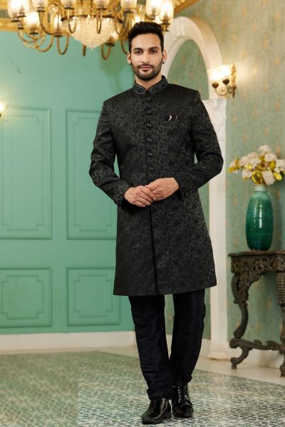 Black Imported Jaquard Silk Indo Western (NMK-7146)