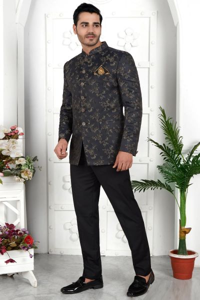 Black Imported Jaquard Silk Indo Western (NMK-7216)